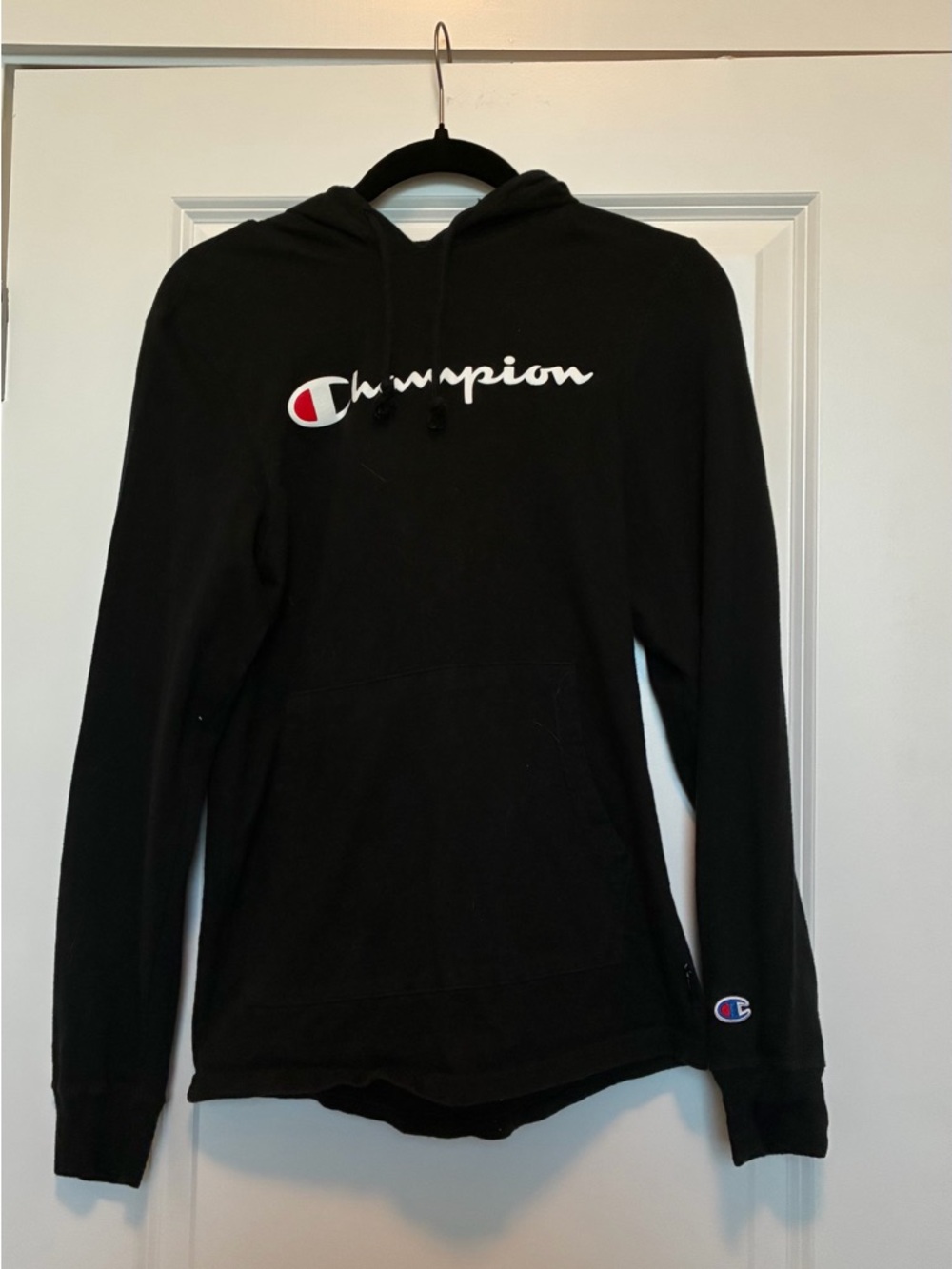 Champion Black Hoodie with Blue and Red Logo Accent